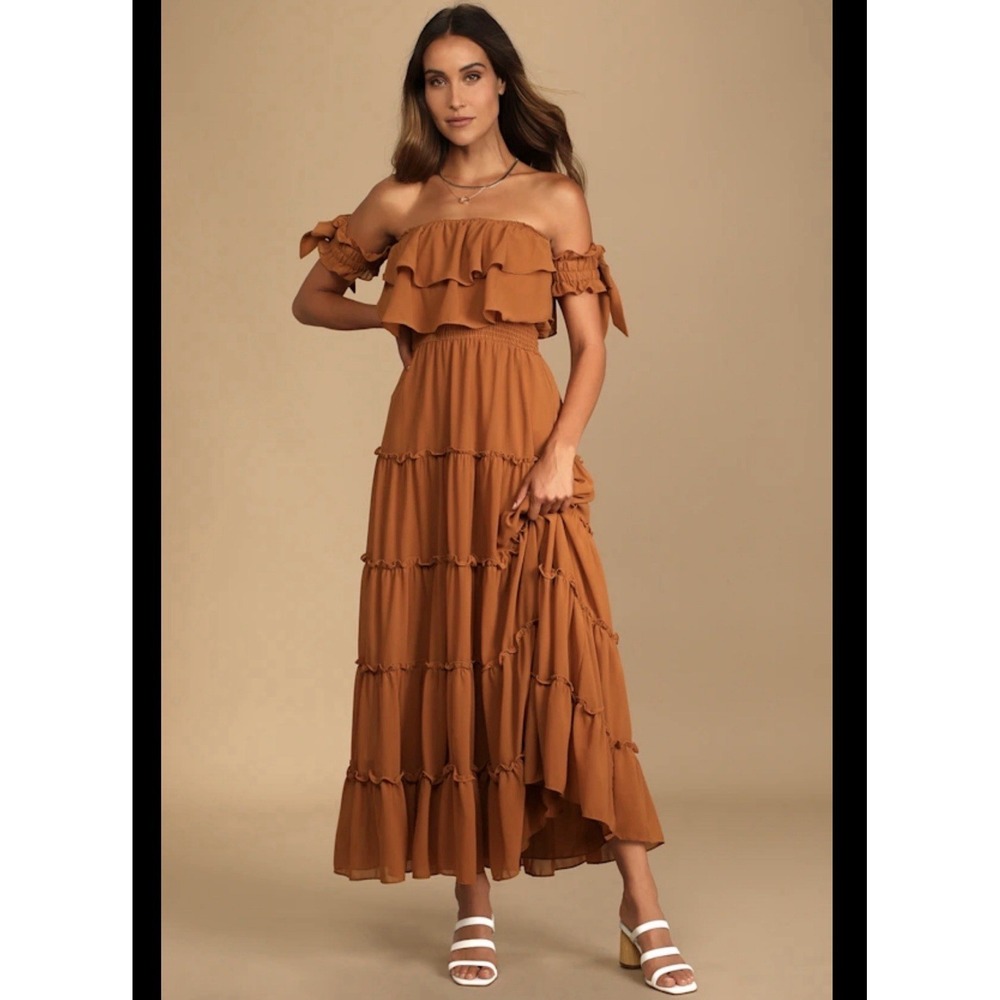 Lulus Chance For Us Light Brown Off-the-Shoulder Ruffled Maxi Dress XL